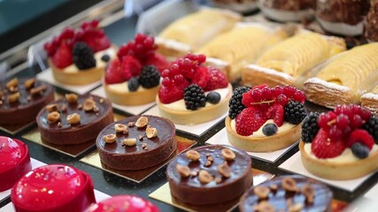 Pano leftover assortment luxurious pastries and tarts in counter of a bakery shop - Powered by Adobe