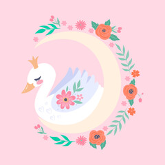 Illustration with a cute swan, moon and flowers. Vector graphics.