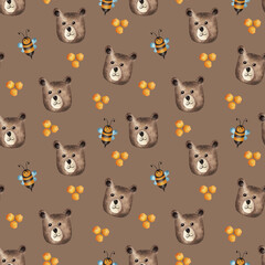 Cute bear with bees. Watercolor pattern. Cute textures for baby textiles, fabric design, wrapping, scrapbooking, wallpaper, etc.