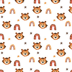 Fototapeta premium Tiger and rainbows. Watercolor pattern. Seamless pattern on a white background.