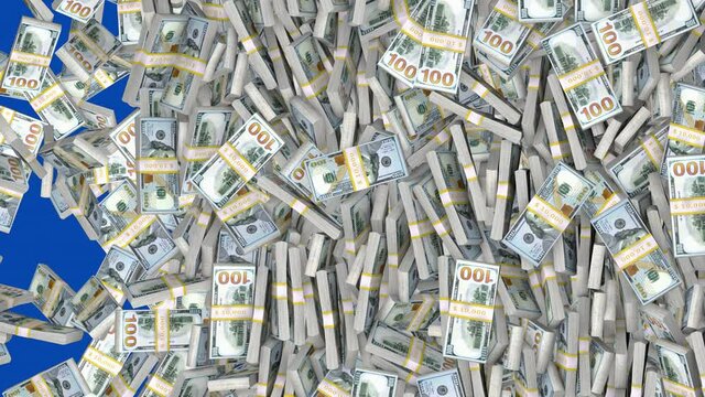 New one hundred dollar bills falling. Stacks of US dollars fill the screen frame. Vertical animation, 16-bit depth.