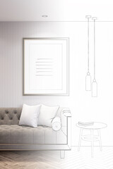 A sketch becomes a real modern room with an illuminated vertical poster above a beige sofa with light-colored cushions, two pendant lamps above a round coffee table, parquet flooring. 3d render