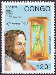 Portrait of Alonso de Ojeda - Spanish explorer traveler, conquistador. Water clock, stamp Congo 1992
