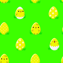 Сute yellow easter eggs with faces of chicks on green grass. Happy easter seamless pattern. Vector illustration