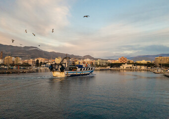 Ship Entering port at Sunset with seagulls