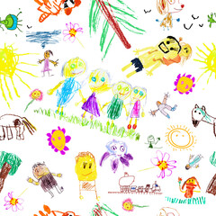 Seamless background of children's family drawings. Vector illustration