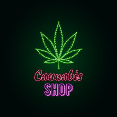 Vector illustration of a cannabis shop. Green marijuana leaf with neon effect. Cannabis sign with neon effect in outline style. For registration of retail outlets