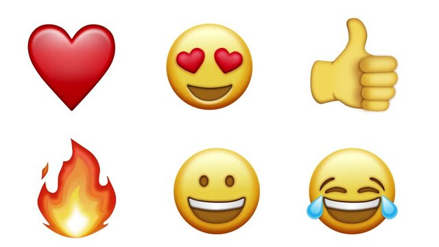Emoji, social media. Pack of 6, heart, heart eyes, smiley, fire tears emoticon, isolated white background