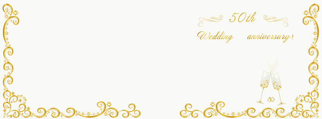 Obraz na płótnie Canvas Invitation to the 50th wedding anniversary. Champagne glasses with decorations. Corner border with rings, hearts, floral elements. Gold wedding celebration. Sample. Print. Vector illustration 