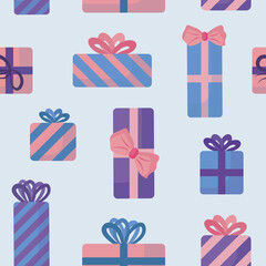 seamless pattern of gift boxes in a flat style on a blue background. Gift boxes in pastel pink, lilac, blue colors with bows. Perfect for packaging paper, fabric, wallpaper