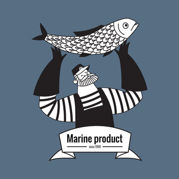 A sailor, a fisherman with fish. Logo, trademark, design element. Marine products. Vector linear illustration.