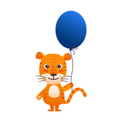 Cute cartoon tiger with a balloon in his paws. Design of happy birthday cards, sketches, greeting posters, t-shirts. cups, notebooks