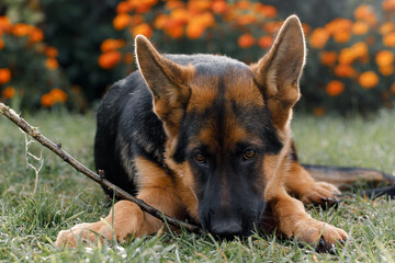 Beautiful young German Shepherd dog lies on the lawn near the house
