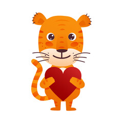 Cute cartoon tiger with a heart in his hands. Print for childrens t-shirts, greeting cards, posters. Design for Valentines Day