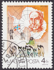 Portrait of Roald Amundsen - Norwegian Polar Explorer. Sled dogs, stamp Hungary 1987