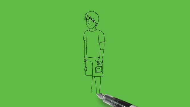 Draw standing young boy wearing red t-shirt, blue nicker and chapple hold on abstract green background
