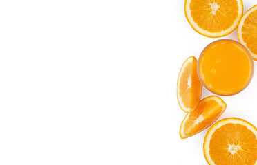 fresh citrus juice in a glass. Slices of oranges and tangerines on a white background