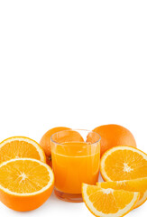 fresh citrus juice in a glass. Slices of oranges and tangerines on a white background