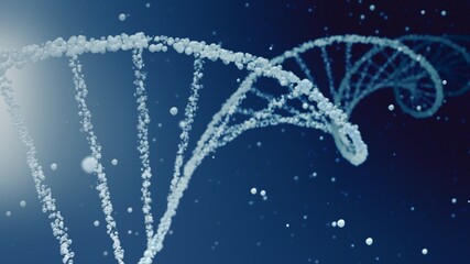 Cosmetic water bubble DNA and mRNA background with cell droplets and copy space. Full-Frame macro light blue and white concept 3D illustration of transparent helix as beauty care and science display.