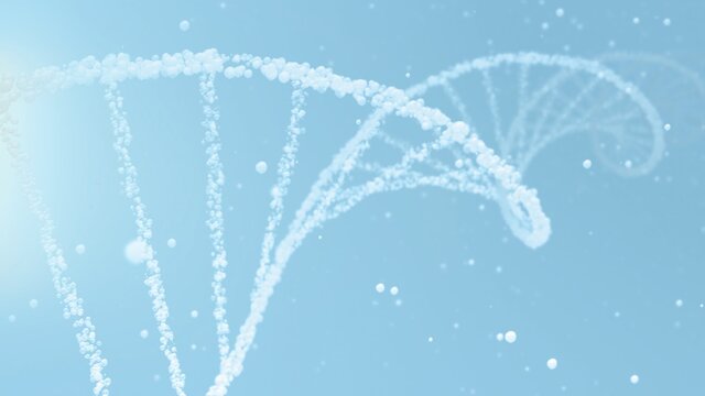 Cosmetic water bubble DNA and mRNA background with cell droplets and copy space. Full-Frame macro light blue and white concept 3D illustration of transparent helix as beauty care and science display.