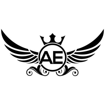 black wings icon, Luxury royal wing Letter AE crest Black color, White background