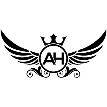 black wings icon, Luxury royal wing Letter AH crest Black color, White background