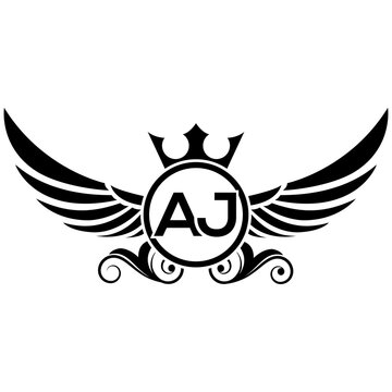 black wings icon, Luxury royal wing Letter AJ crest Black color, White background