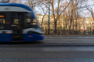 Krakow, Poland December 15, 2021; Blue trams on the streets of the city of Krakow in the Lesser Poland Voivodeship