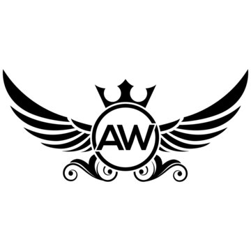 black wings icon, Luxury royal wing Letter AW crest Black color, White background