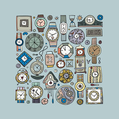 Set of clocks and watches in different style. Retro and modern collection for your design