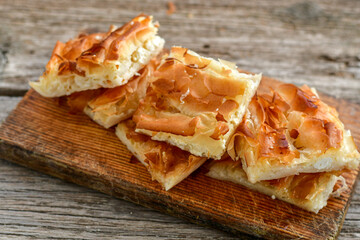 Bakery .Home made  cheese pie  with phyllo pastry, feta cheese  and organic eggs. Bulgarian banitsa