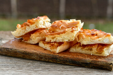 Bakery .Home made  cheese pie  with phyllo pastry, feta cheese  and organic eggs. Bulgarian banitsa