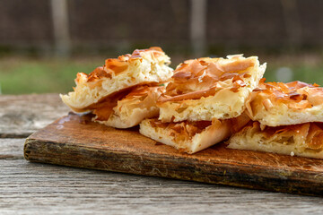 Bakery .Home made  cheese pie  with phyllo pastry, feta cheese  and organic eggs. Bulgarian banitsa