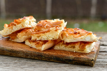 Bakery .Home made  cheese pie  with phyllo pastry, feta cheese  and organic eggs. Bulgarian banitsa