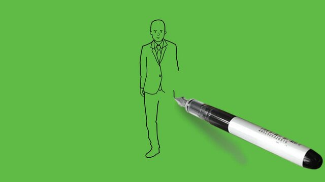 Draw Standing Gentle Man Wearing Grey Suit, Blue Tie And Grey Shoes On Abstract Green Background
