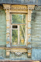 Carved window on an old traditional Russian house in Ryazan, Russia