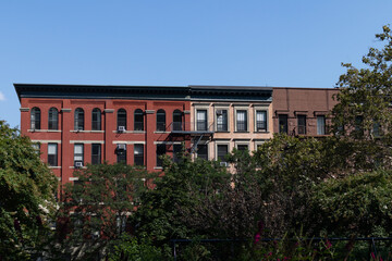 Row of Colorful Old Brick Apartment Buildings in Harlem of New York City with Green Trees