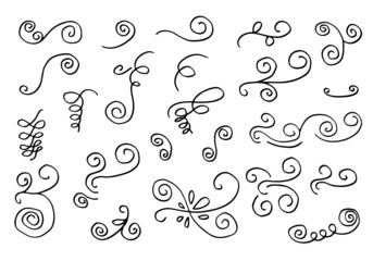 Hand drawn vector sketchy Doodle cartoon set of curls and swirls decorative elements for concept design