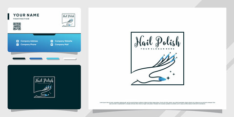 Creative nail polish logo design with square line art style and business card design Premium Vector