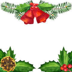 Watercolor border frame with bells, pine branches, leaves of holly, red berries and pinecone.