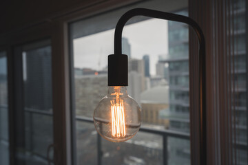 beautiful large light bulb lamp with an urban city background