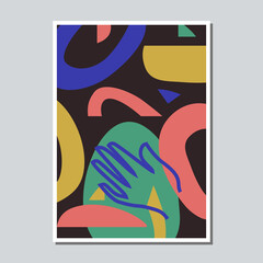 Mid century abstract shapes vivid composition. Funky contemporary collage arrangement.
