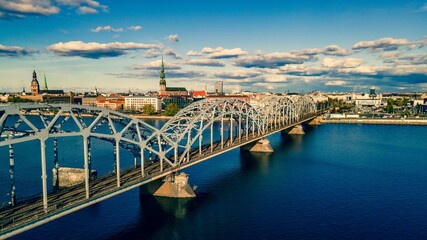  iron bridge over the Daugava  river with view on Riga old town