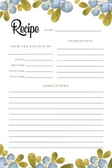 Blank Recipe Book Printable Template Flower, Blank Pages Sheet Organizer Binder, DIY, Kitchen Cookbook