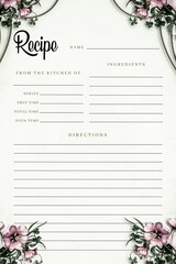 Blank Recipe Book Printable Floral Template, Blank Pages Sheet Organizer Binder, Kitchen Cookbook