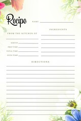 Blank Recipe Book Printable Template Flower, Blank Pages Sheet Organizer Binder v1