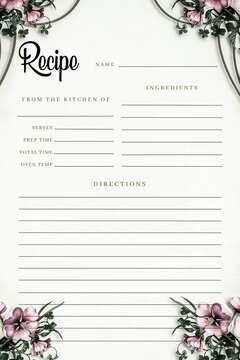 Blank Recipe Book Floral Template, Kitchen Cookbook, Blank Pages