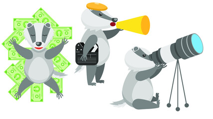 Set Abstract Collection Flat Cartoon 
Different Animal Badgers Bathed In Money, Director Shouts Through A Megaphone, Watching The Stars Through A Telescope Vector Design Style Elements Fauna Wildlife