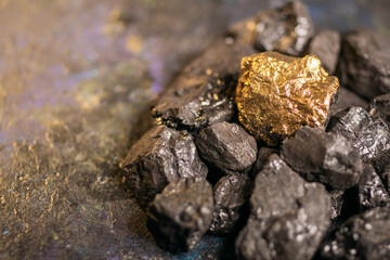 hard coal in the pile. a piece of gold among the coal. extracted underground.