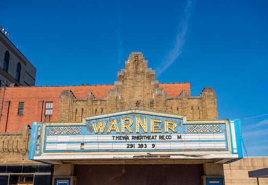 Morgantown, WV - 9 March 2020: Marquee sign of famous 1931 Warner Bros cinema ready for restoration in downtown Morgantown